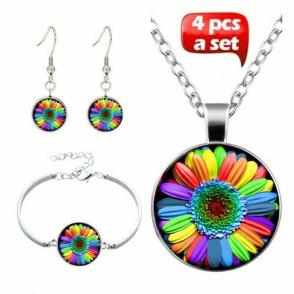 NEW Colorful Rainbow Daisy Flower Jewelry SET - Earrings Necklace Bracelet Hippy